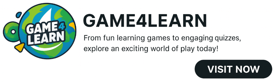 GAME4LEARN banner with logo, slogan 'From fun learning games to engaging quizzes' and a Visit Now button